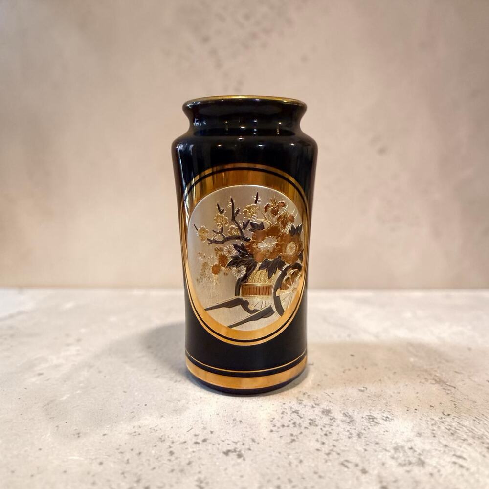 Vintage 11" Art Chokin Japanese Vase 24K Gold Gilded Imperial Flower Cart Black - Picture 2 of 12
